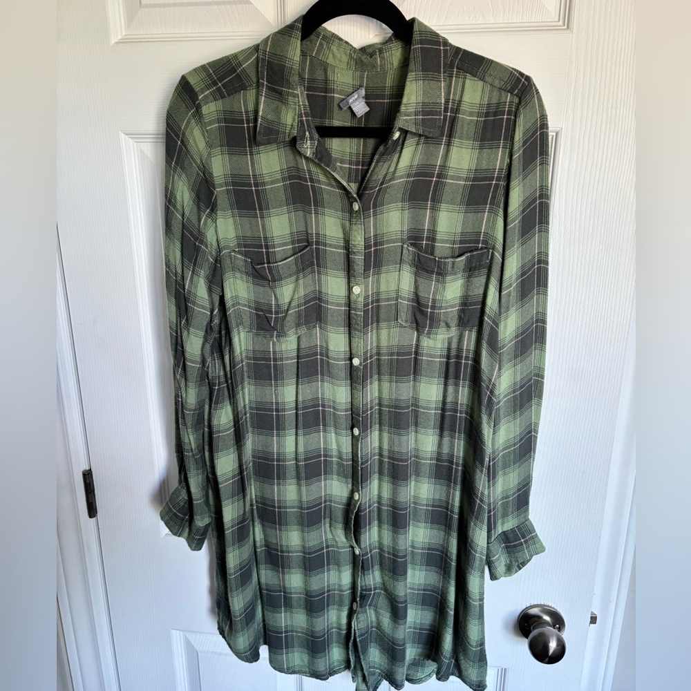Aerie Olive Plaid Shirt Dress